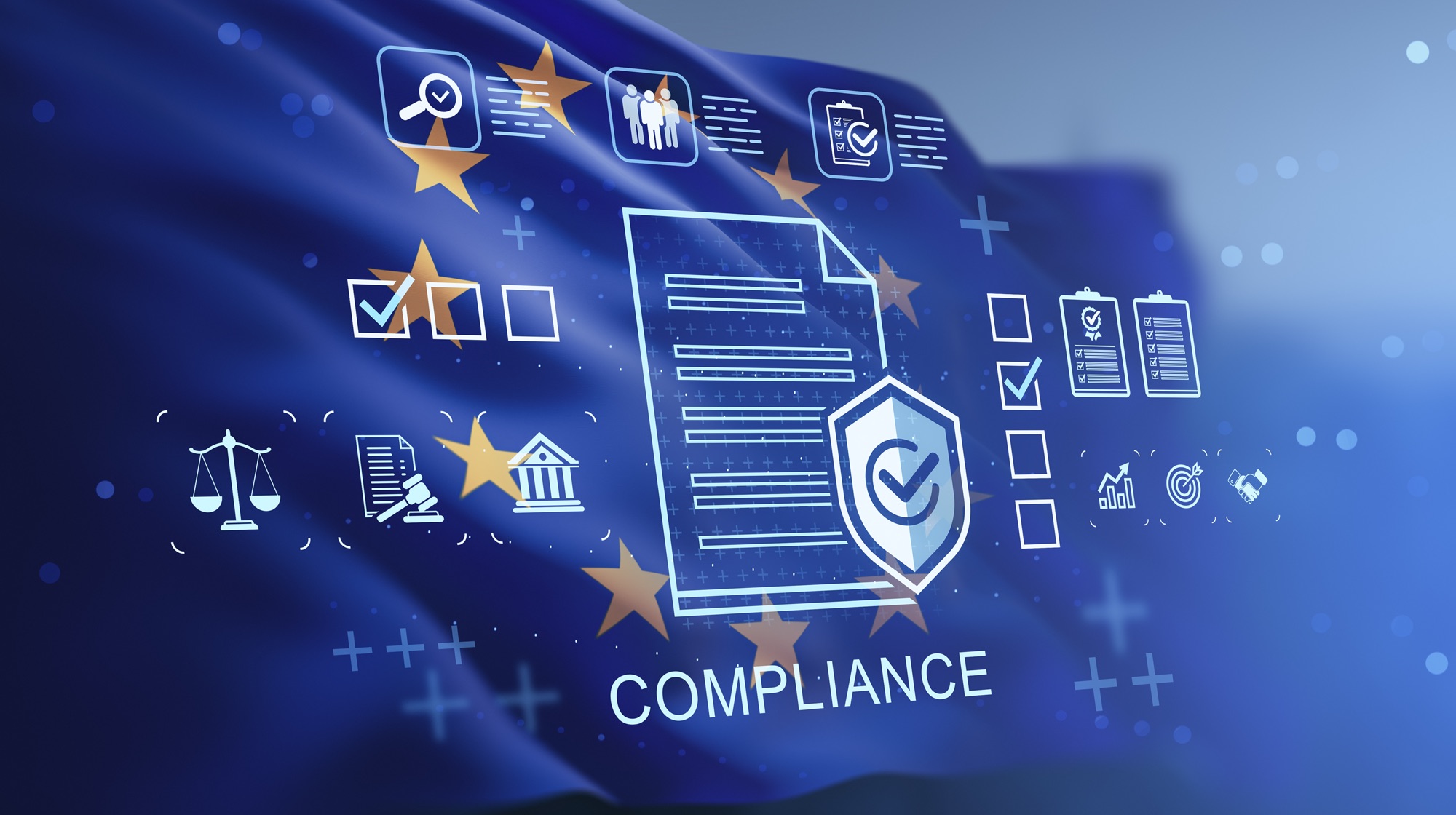 Compliance and regulation concept with digital document icons on EU flag background representing business standards and data protection laws in Europe. Safety inspection